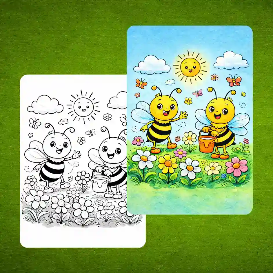 Cute Bees Coloring Page with Colored Sample