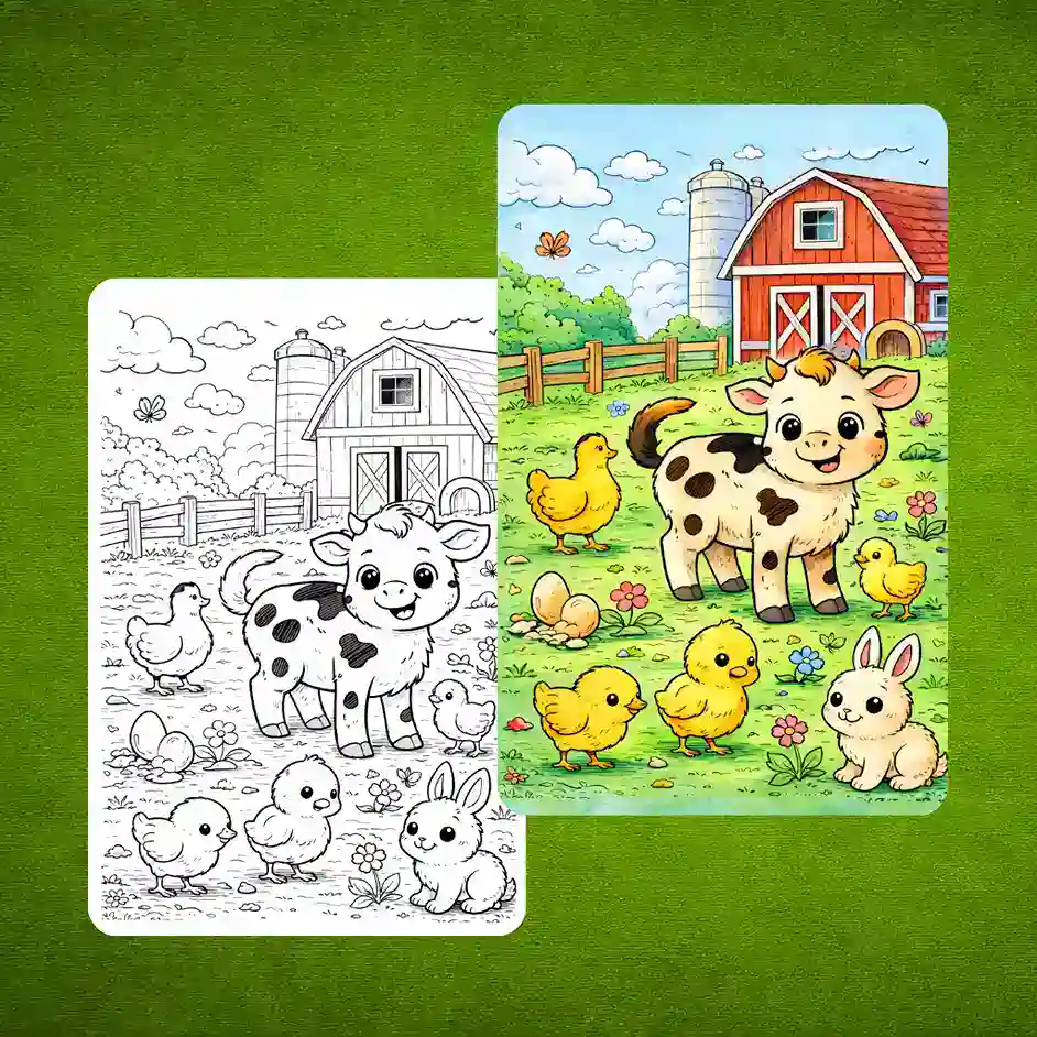 Farm Animals Coloring Page with Colored Sample