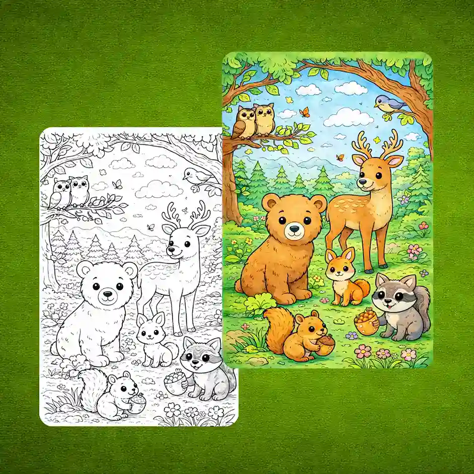 Cute Woodland Animals Coloring Page with Colored Sample