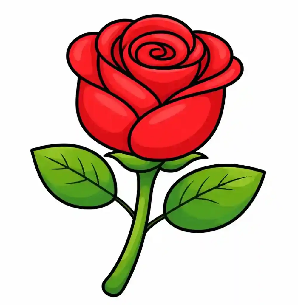 Easy rose drawing step 11 showing the final colored rose with red petals and green leaves