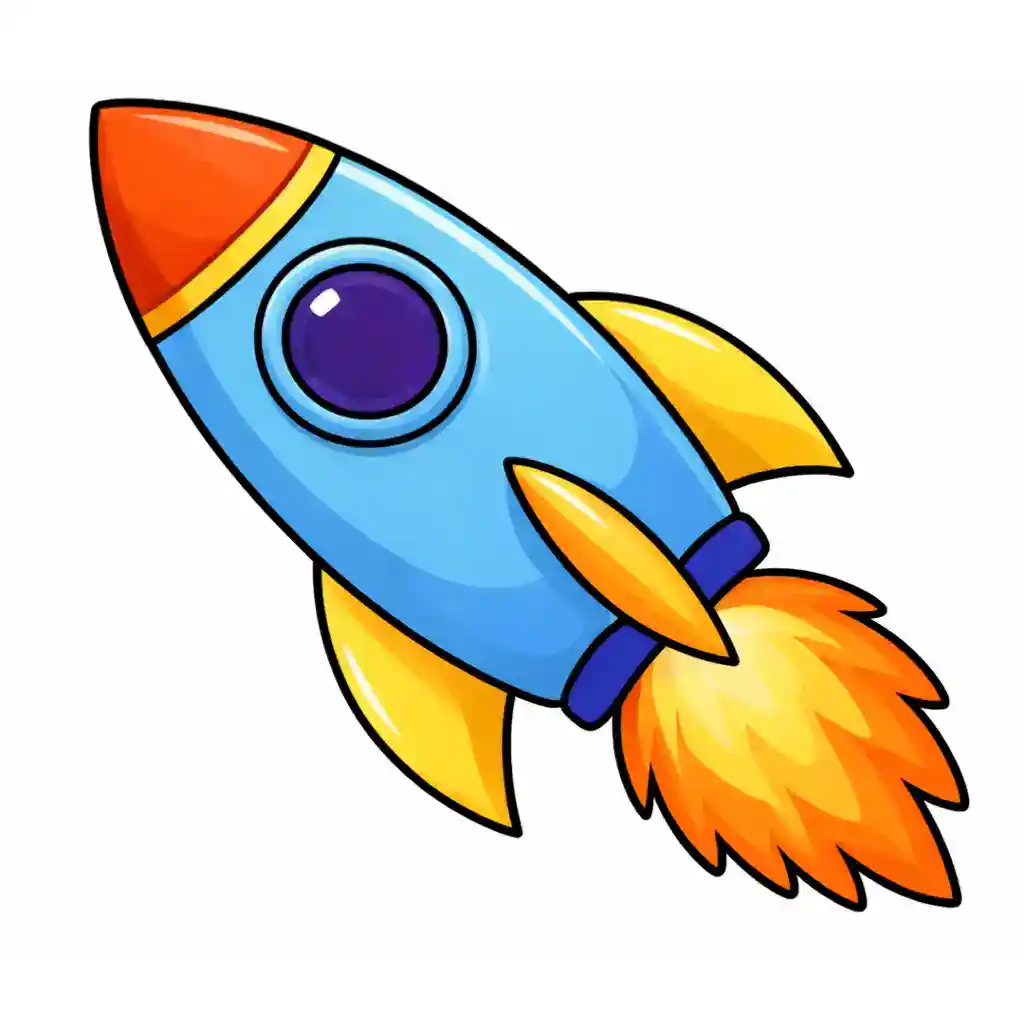 Colorful rocket drawing final step with blue body, yellow fins, orange nose cone, and bright flame