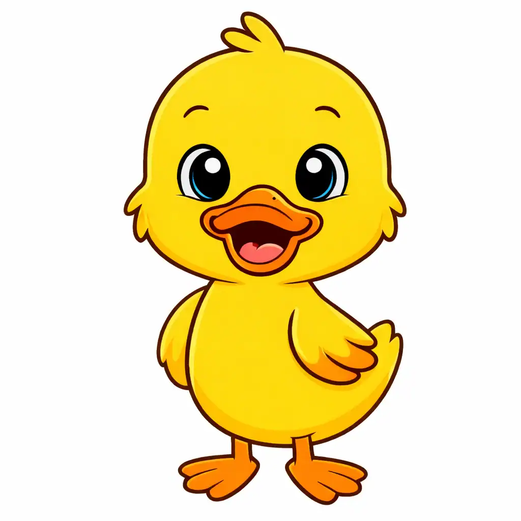 Final colored duck drawing showing a cute yellow duck with orange beak and feet after completing all drawing steps