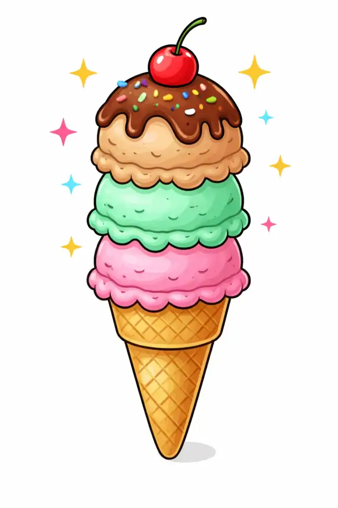 Colorful ice cream drawing with chocolate topping, sprinkles, cherry on top, three flavored scoops, and a shaded waffle cone.