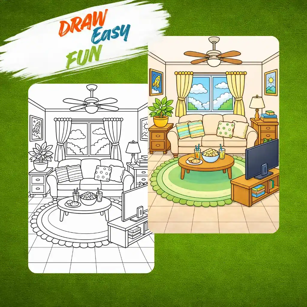 Cozy Living Room Coloring Page for kids Free Printable