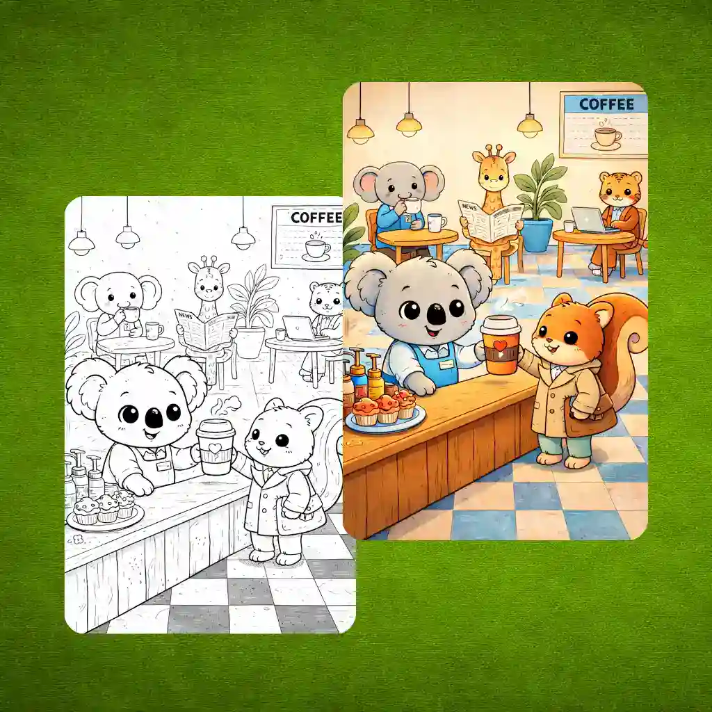 Koala and Coffee Shop Coloring Page
