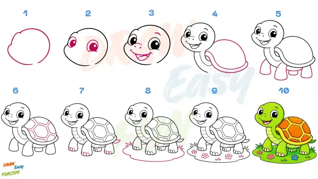 How-To-Draw-Cute-Cartoon-Turtle-drawing-Final-Step-all-in-one-view-drawing-process