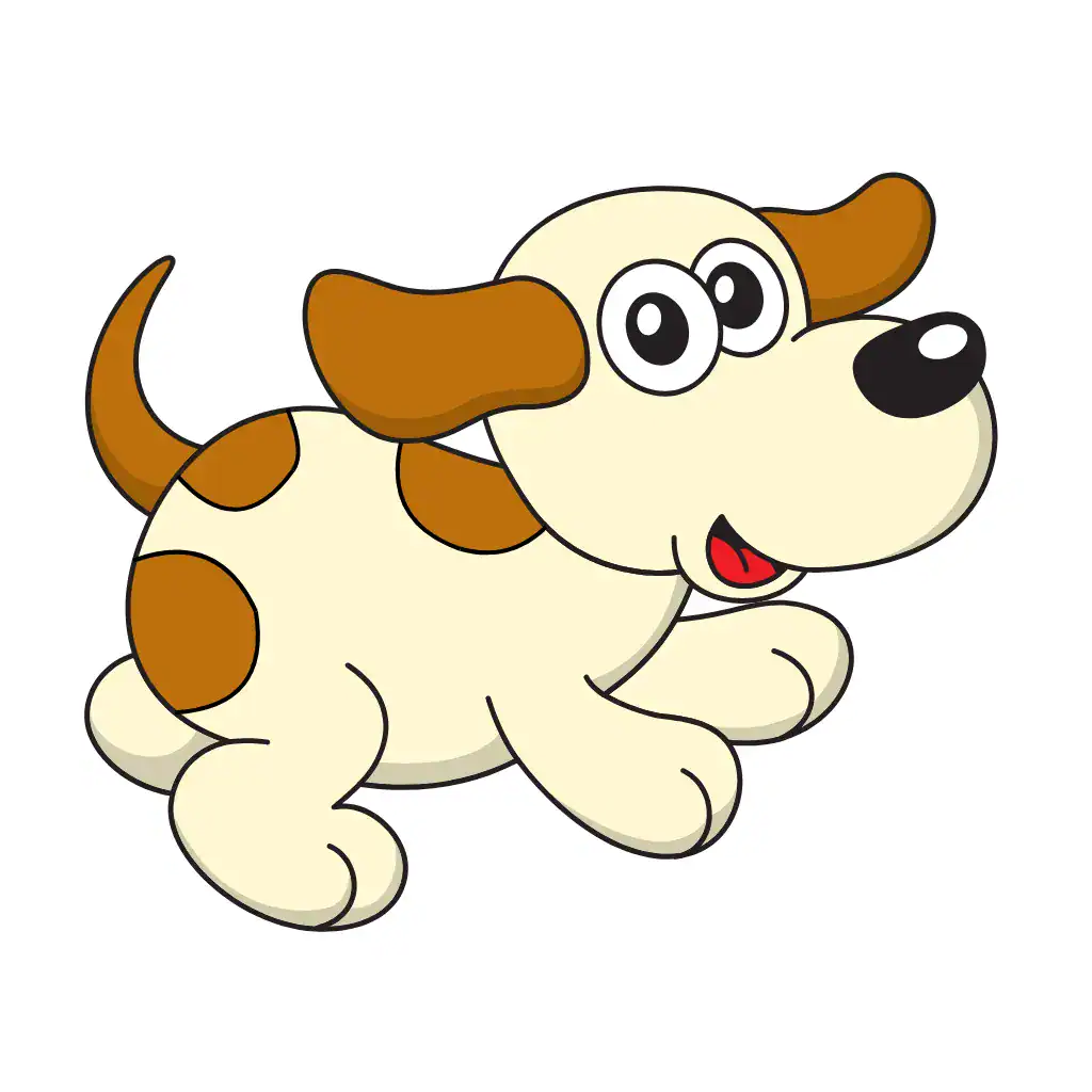 Final-step-of-a-cute-dog-drawing-showing-a-fully-colored-cartoon-puppy-with-floppy-brown-ears, cream-colored-fur, playful-body-spots, big-expressive-eyes, and-a-happy-smile.
